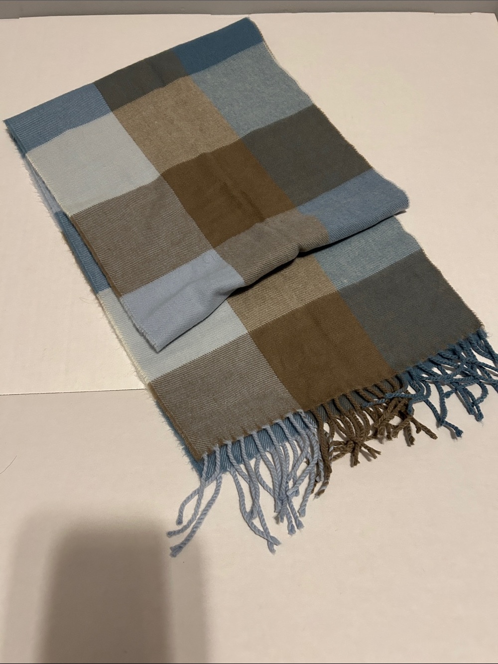 100% Cashmere Scarf Wrap Made In Germany Blue & Brown Plaid Super Soft
